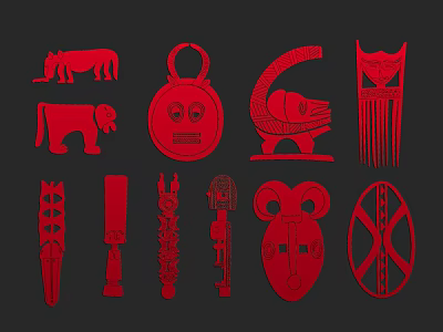 Red African Traditional Masks And Carved Artifacts Collection On Black Background 3d model