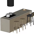 Modern Kitchen Bar Counter with Light Gray Countertop Three Wooden Metal Stools and Pans