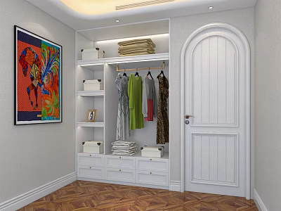 White Modern Wardrobe Interior With Open Shelves Hanging Clothes And Colorful Abstract Painting 3d model