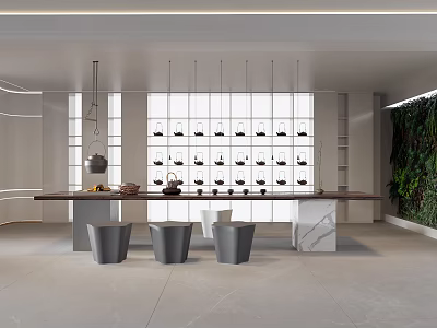 Modern Tea Room Interior Design With Long Tea Table Gray Stools And Green Wall 3d model