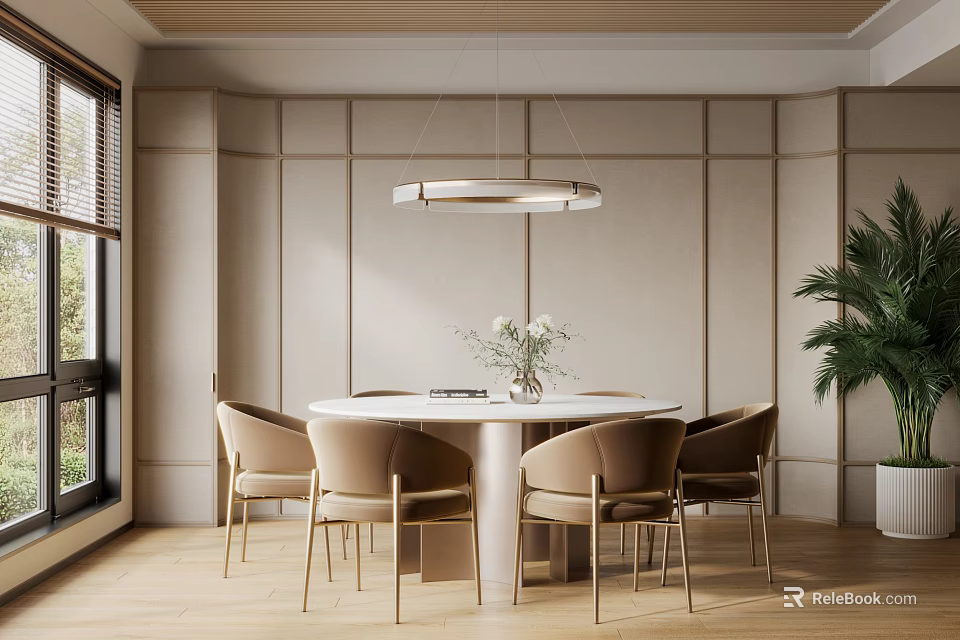 Elegant Restaurant Interior Featuring Round White Table Beige Chairs Circular Pendant Light And Green Plant 3d model 