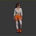 Woman In White Tied Shirt Orange Shorts Sunglasses White Thigh High Socks And Orange Boots