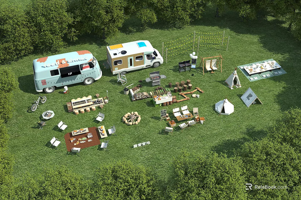 Scenic Outdoor Campsite with RVs Tents Tables Chairs and Barbecue Facilities in Lush Green Grass 3d model 
