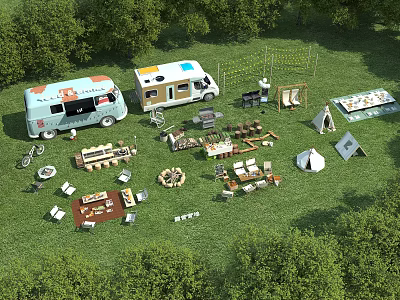 Scenic Outdoor Campsite with RVs Tents Tables Chairs and Barbecue Facilities in Lush Green Grass 3d model