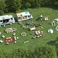 Scenic Outdoor Campsite with RVs Tents Tables Chairs and Barbecue Facilities in Lush Green Grass