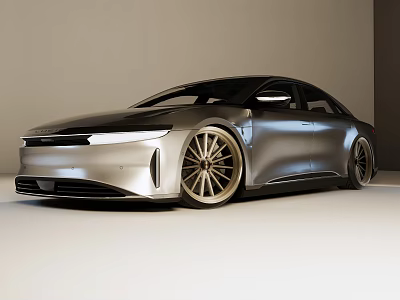 Modern Silver Sleek Sedan With Streamlined Body And Gold Alloy Wheels Design 3d model