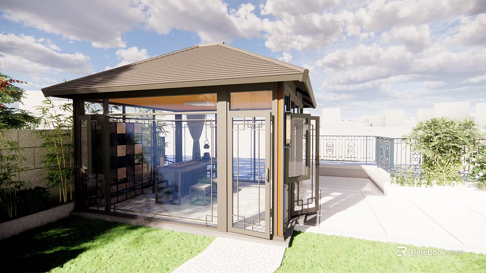 Modern Garden Pavilion With Glass Walls Metal Frame And Lawn Area Outdoor 3d model 