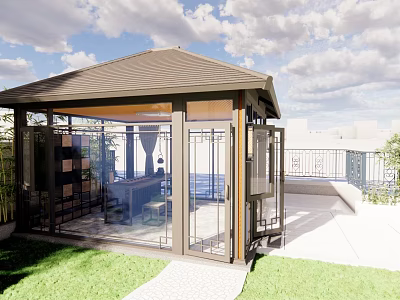 Modern Garden Pavilion With Glass Walls Metal Frame And Lawn Area Outdoor 3d model