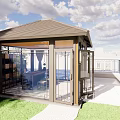Modern Garden Pavilion With Glass Walls Metal Frame And Lawn Area Outdoor
