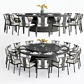 Round Dark Frame Dining Table Set With Multiple Light Seats And Yellow Flower Arrangement 3d model