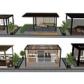 Various Designed Outdoor Rest Pavilions With Green Plants And Paved Ground