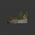 Cartoon Scene With Cozy Cabin Tall Pine Trees Wooden Bridge Small Stream And Circular Base