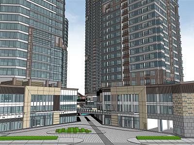 Urban Commercial Complex Featuring Tall Glass Buildings Low Rise Structures Plaza Greenery And Walkways 3d model
