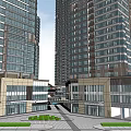 Urban Commercial Complex Featuring Tall Glass Buildings Low Rise Structures Plaza Greenery And Walkways