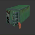 Blue Shipping Container With Open Door And Red Barrels Showing Rust Stains