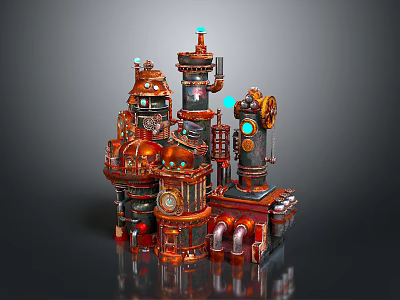 Steampunk Themed Mechanical Equipment With Towers Pipes Gears And Glowing Elements 3d model