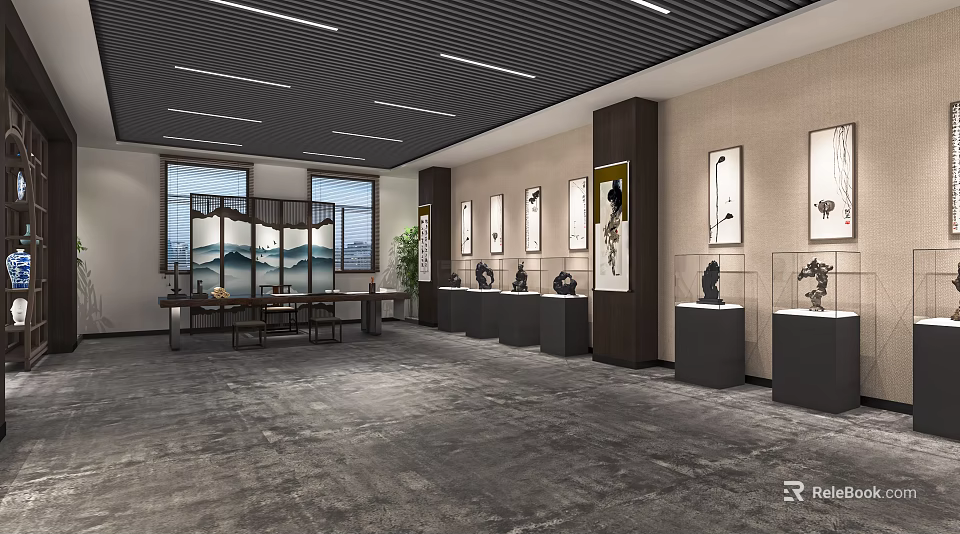 Traditional Art Exhibition Hall With Modern Interior Paintings Sculptures And Furniture 3d model 