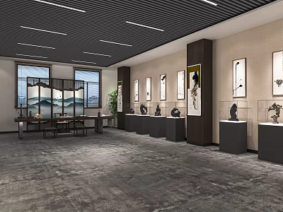 Traditional Art Exhibition Hall With Modern Interior Paintings Sculptures And Furniture 3d model