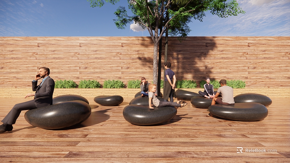 Round Black Outdoor Landscape Seats on Wooden Deck with Tree and People Relaxing 3d model 