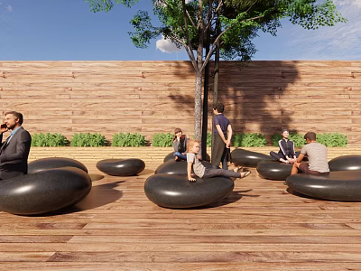 Round Black Outdoor Landscape Seats on Wooden Deck with Tree and People Relaxing 3d model