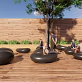 Round Black Outdoor Landscape Seats on Wooden Deck with Tree and People Relaxing