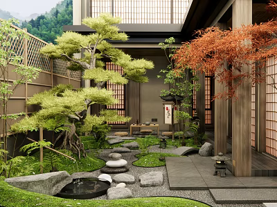 Traditional Garden Courtyard With Stone Path Pond Maple Pine Trees And Lush Greenery 3d model