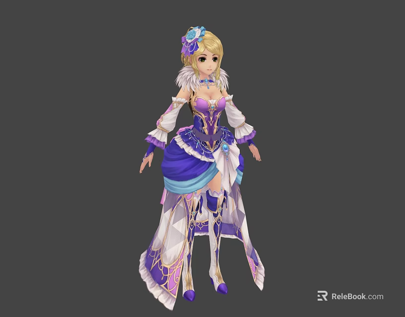 Anime Female Character With Purple Blue Dress And Feather Decorated Costume Design 3d model 
