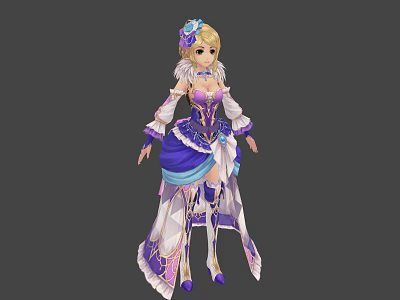 Anime Female Character With Purple Blue Dress And Feather Decorated Costume Design 3d model