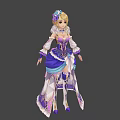 Anime Female Character With Purple Blue Dress And Feather Decorated Costume Design