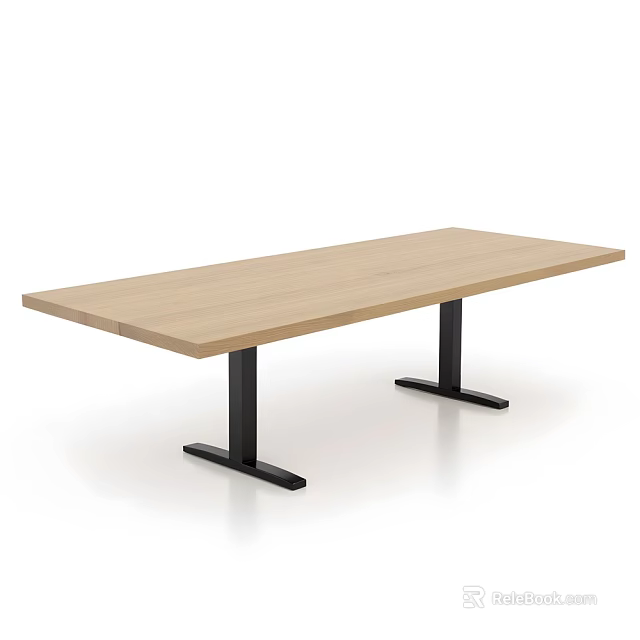 Modern Sleek Rectangular Light Wooden Dining Table With Simple Black Metal Legs Design 3d model