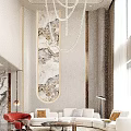 Luxurious Modern Living Room Interior With Large Sofa Red Armchair Crystal Chandelier And Decorative Wall Art