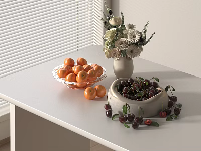 Fresh Oranges and Cherries in Bowls on White Table with Flower Vase and Blinds Background 3d model