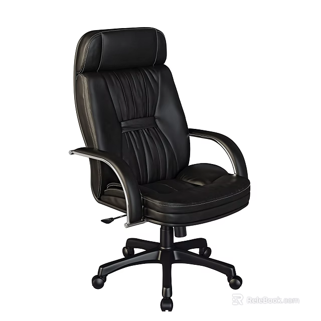 Black Leather Office Chair With High Back Armrests Swivel Base And Stitched Design 3d model 