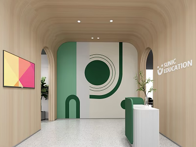 Modern Clinic Education Reception Area With Green Front Desk And Geometric Wall Design 3d model