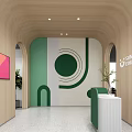 Modern Clinic Education Reception Area With Green Front Desk And Geometric Wall Design