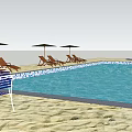 Relaxing Swimming Pool Area With Jacuzzi Beach Chairs Umbrellas And Sandy Ground