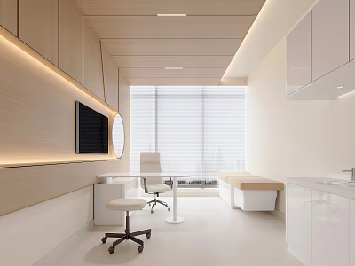 Modern Minimalist Office Interior Design With White Wooden Elements Desk Chair TV Window Blinds Cabinets 3d model