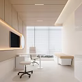 Modern Minimalist Office Interior Design With White Wooden Elements Desk Chair TV Window Blinds Cabinets