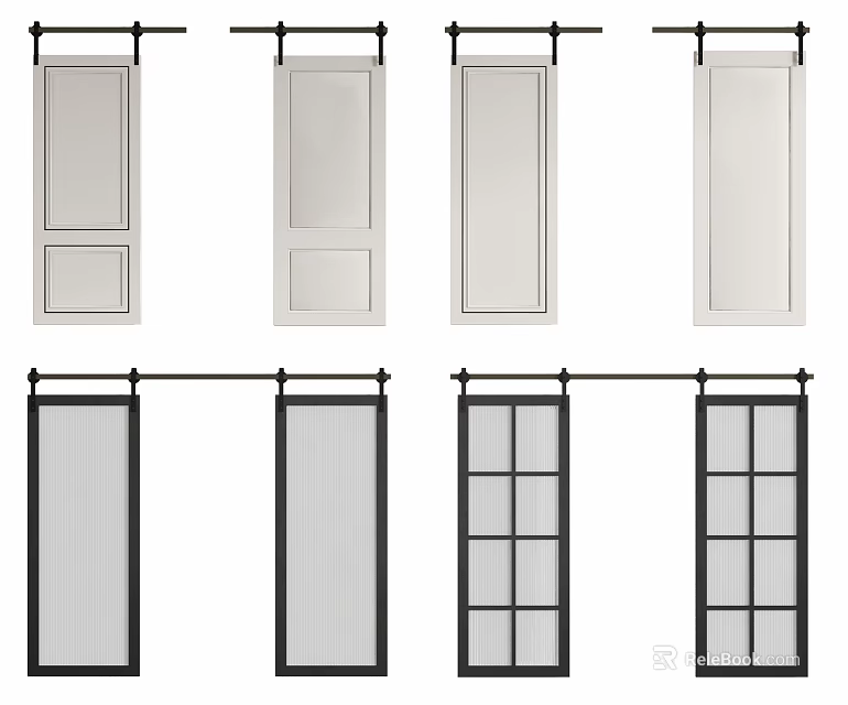 Different Barn Door Designs With White Panel And Black Frame Glass Grid 3d model