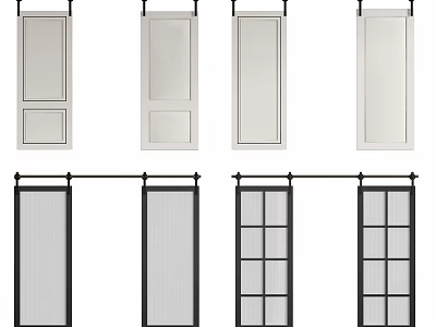 Different Barn Door Designs With White Panel And Black Frame Glass Grid 3d model