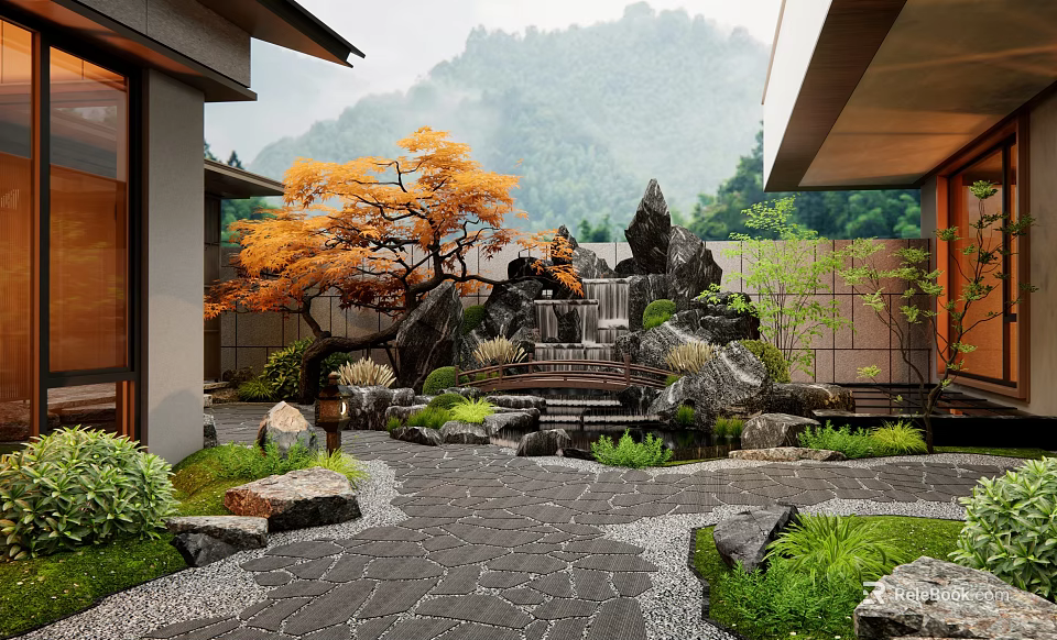 Serene Courtyard Garden Design With Maple Tree Rock Waterfall Stone Pathway And Greenery 3d model 