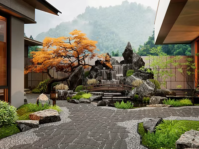Serene Courtyard Garden Design With Maple Tree Rock Waterfall Stone Pathway And Greenery 3d model