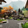 Serene Courtyard Garden Design With Maple Tree Rock Waterfall Stone Pathway And Greenery