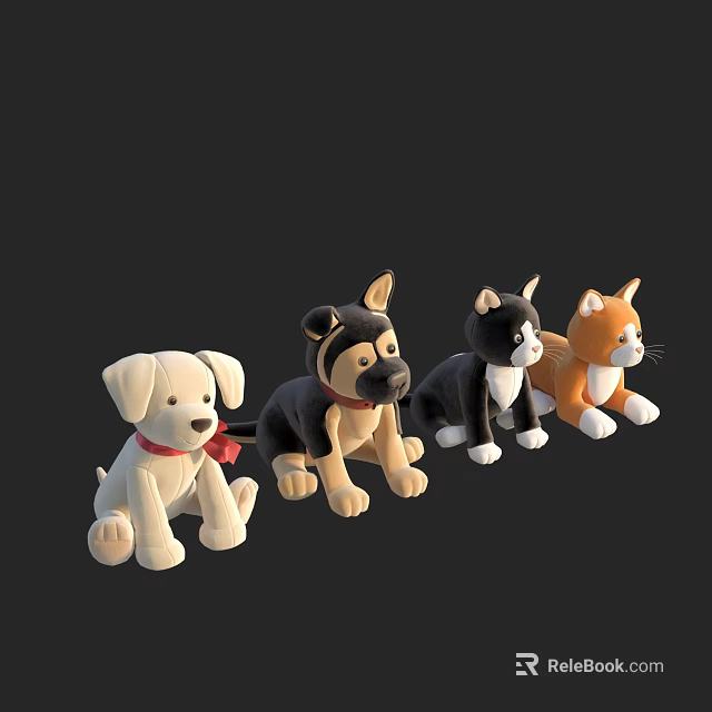 Cute Plush Stuffed Dog And Cat Toys In Various Colors Sitting Together 3d model 