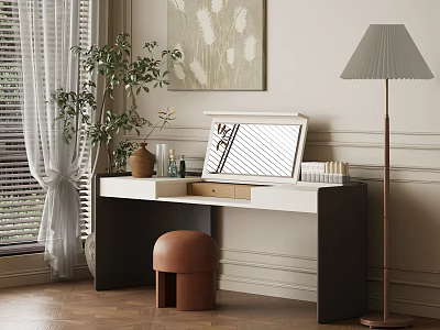 Modern Dressing Table With White Countertop Black Cabinet Brown Stool Green Plant And Floor Lamp 3d model