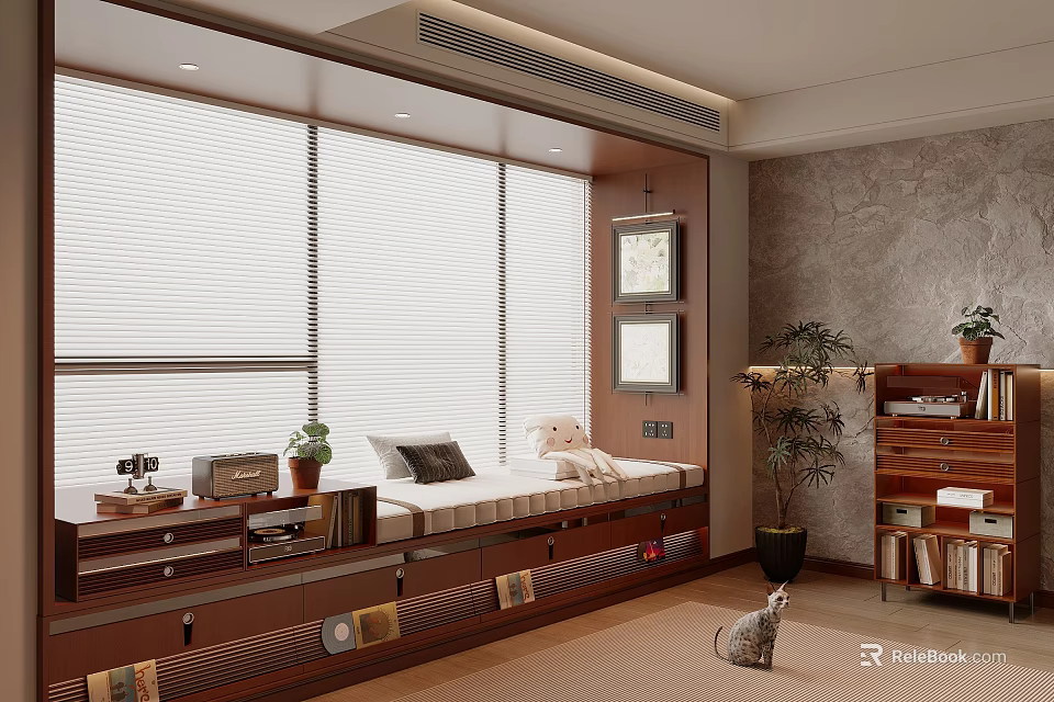 Cozy Bay Window Interior With Blinds Bench Plants Bookshelf and Cat 3d model 
