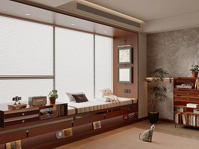 Cozy Bay Window Interior With Blinds Bench Plants Bookshelf and Cat 3d model