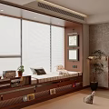 Cozy Bay Window Interior With Blinds Bench Plants Bookshelf and Cat