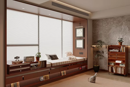 Antique Style Bay Window Cushion Bay Window Cabinet Venetian Blinds Hanging Painting Decorative Cabinet 3d model