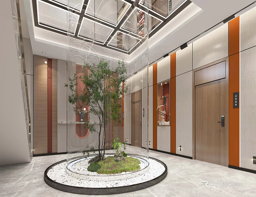 Modern Hotel Corridor Interior With Round Greenery Area And Elevator Doors 3d model